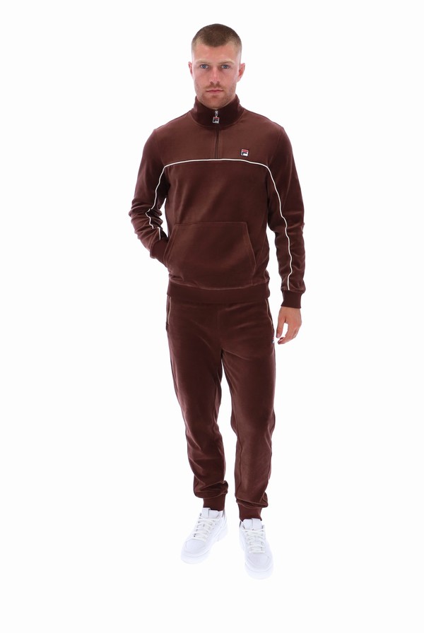 Brown / Grey Fila Duke Velour 1/4 Zip With Piping Men Tracksuits | 7409LUPOH