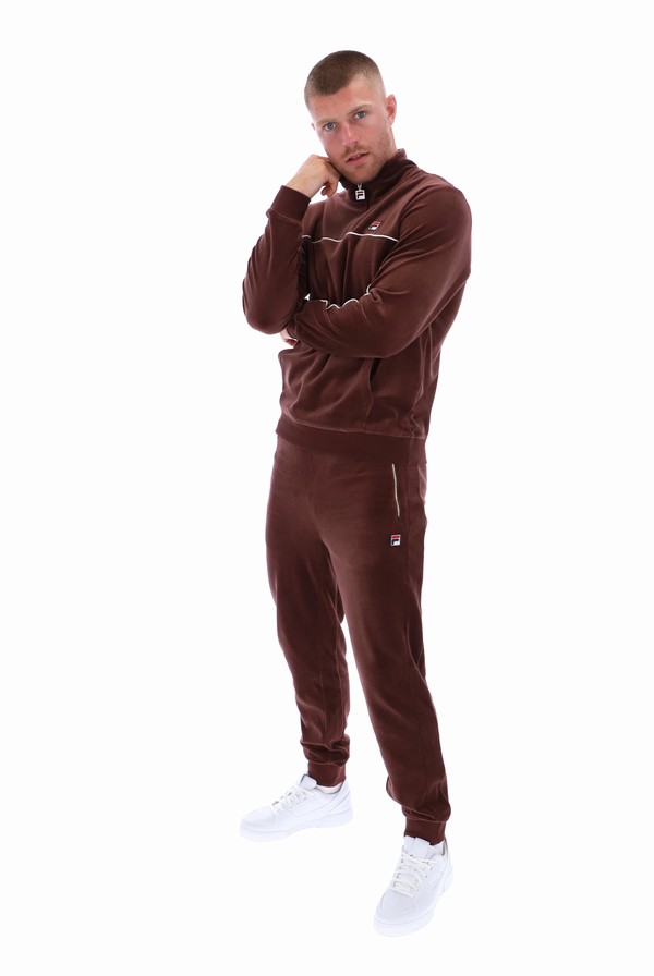 Brown / Grey Fila Duke Velour 1/4 Zip With Piping Men Tracksuits | 7409LUPOH