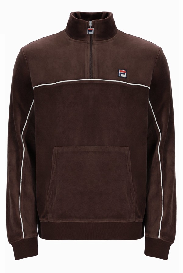 Brown / Grey Fila Duke Velour 1/4 Zip With Piping Men Tracksuits | 7409LUPOH