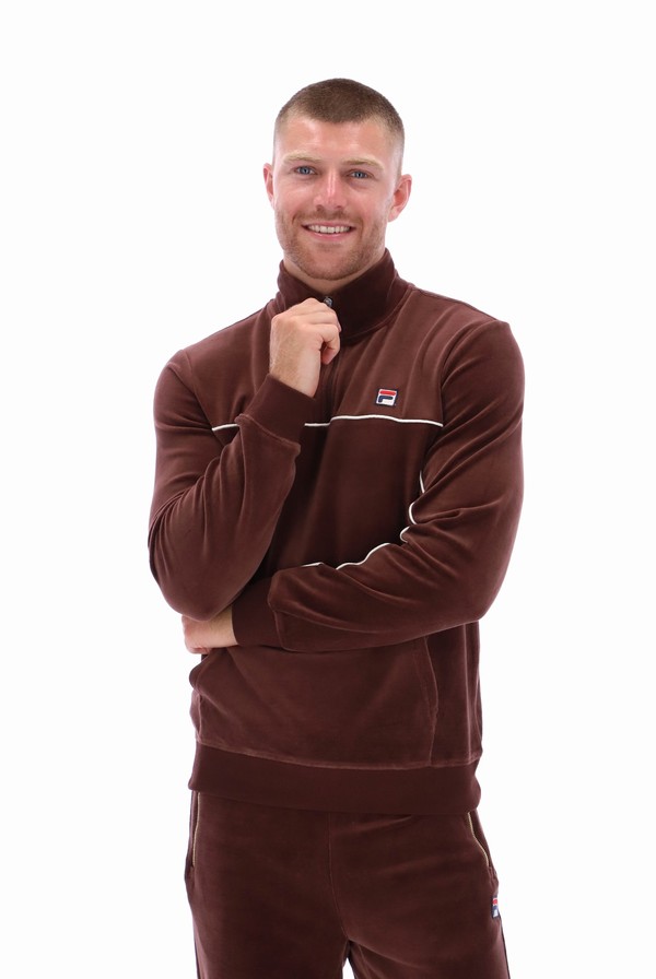 Brown / Grey Fila Duke Velour 1/4 Zip With Piping Men Tracksuits | 7409LUPOH