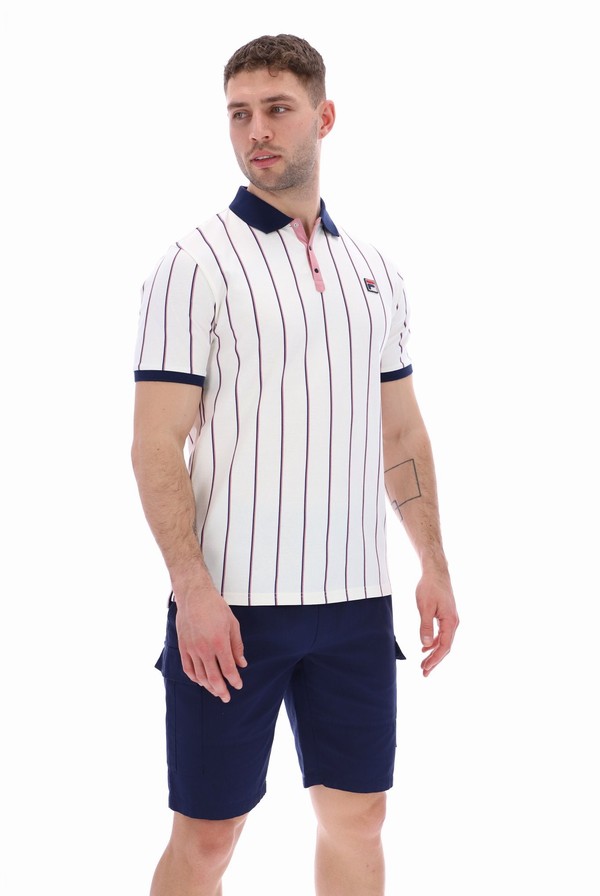 Cream Fila Brett Double Stripe BB1 Men Polo Shirts | 1853XBZGD