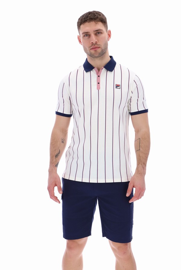 Cream Fila Brett Double Stripe BB1 Men Polo Shirts | 1853XBZGD