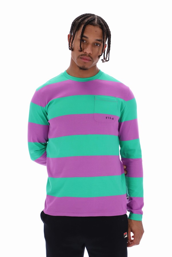 Deep Mint / Purple Fila Morley Oversized Stripe Long Sleeved Pocket Men T-shirts | 4716FTLSE