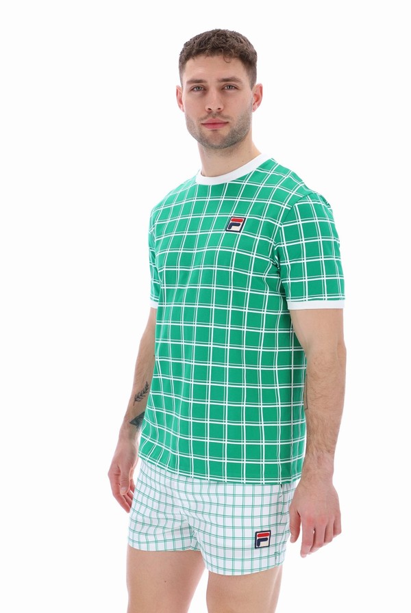 Green Fila Freddie Check Contrast Rib Men T-shirts | 8413QCAHL