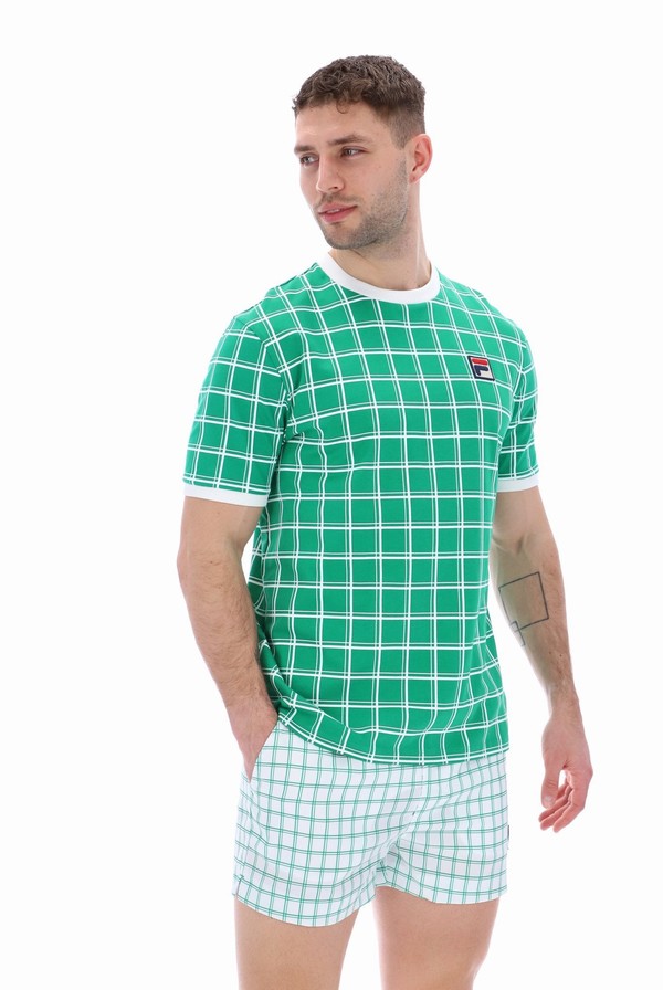 Green Fila Freddie Check Contrast Rib Men T-shirts | 8413QCAHL