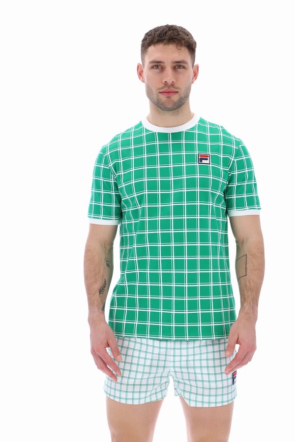 Green Fila Freddie Check Contrast Rib Men T-shirts | 8413QCAHL