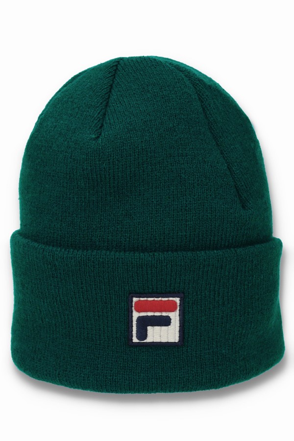 Green Fila Kudos F-Box Flat Knit Men Beanie | 6014LAWCN