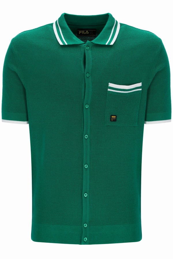 Green / White Fila Ascari Waffle Knitted Men Polo Shirts | 8624LMPFQ