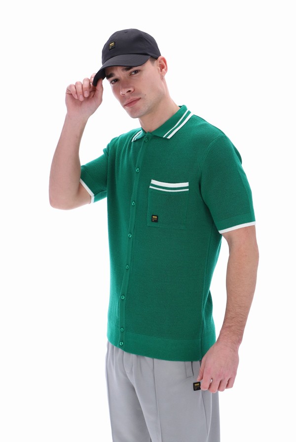 Green / White Fila Ascari Waffle Knitted Men Polo Shirts | 8624LMPFQ