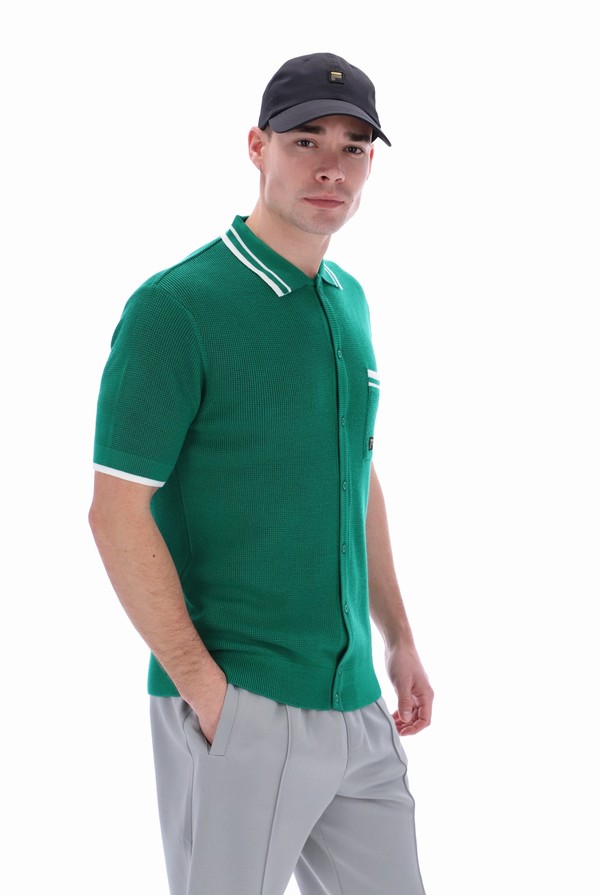 Green / White Fila Ascari Waffle Knitted Men Polo Shirts | 8624LMPFQ