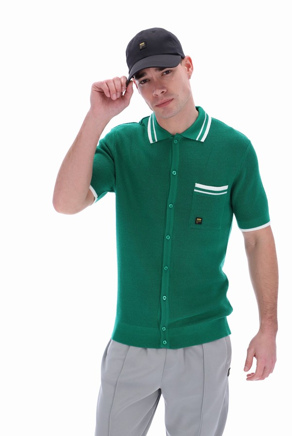 Green / White Fila Ascari Waffle Knitted Men Polo Shirts | 8624LMPFQ