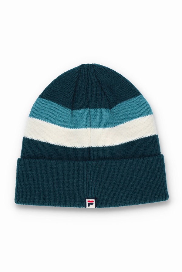 Green / White Fila Linus Stripe Flat Knit Men Beanie | 3697CNYDH