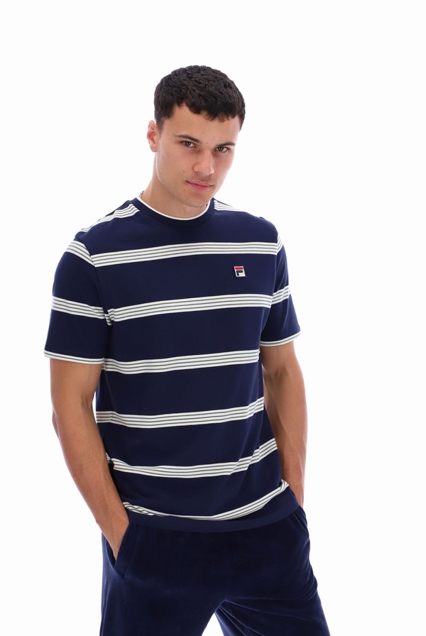 Navy Fila Chapman Yarn Dye Striped Men T-shirts | 2571VLWHF