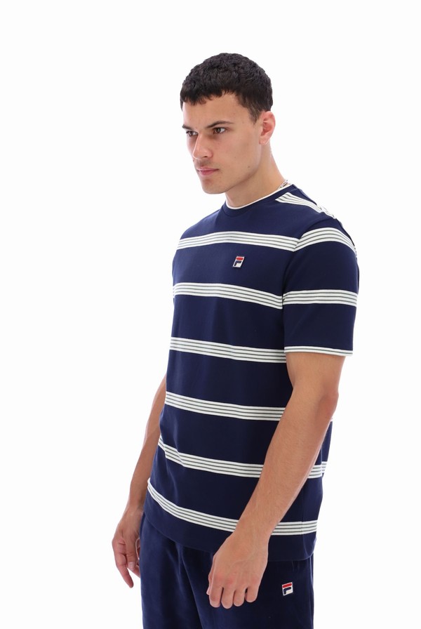 Navy Fila Chapman Yarn Dye Striped Men T-shirts | 2571VLWHF