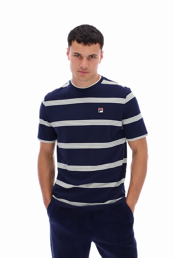 Navy Fila Chapman Yarn Dye Striped Men T-shirts | 2571VLWHF