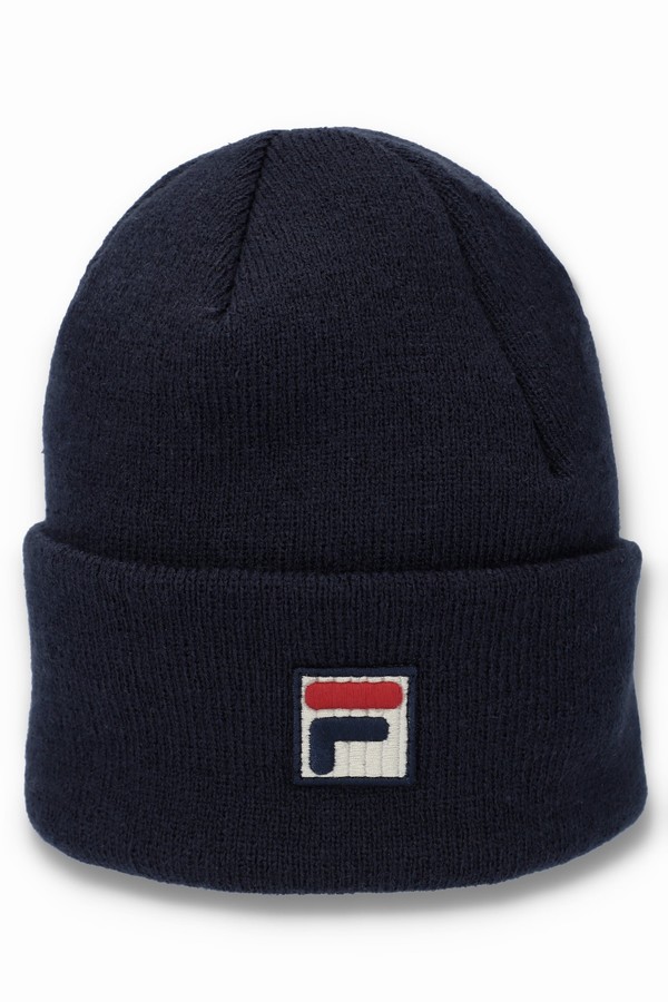 Navy Fila Kudos F-Box Flat Knit Men Beanie | 8319JHZDX