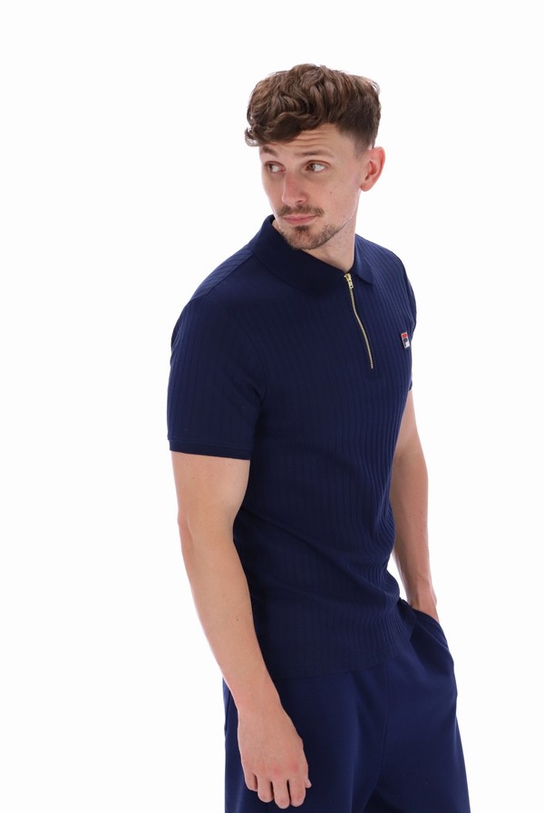 Navy Fila Rufus Textured Stripe Men Polo Shirts | 2486DOLKZ