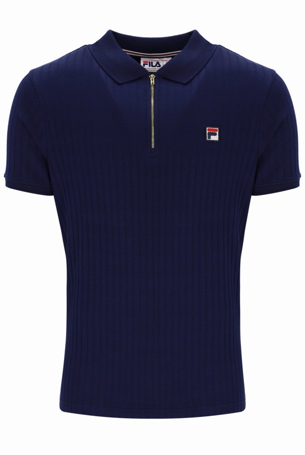 Navy Fila Rufus Textured Stripe Men Polo Shirts | 2486DOLKZ