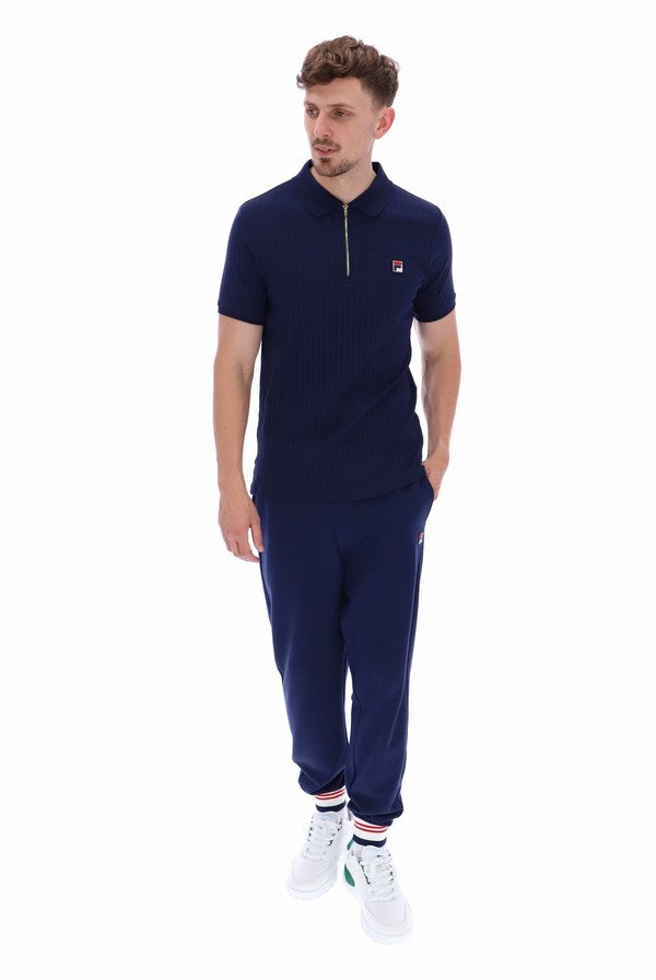 Navy Fila Rufus Textured Stripe Men Polo Shirts | 2486DOLKZ