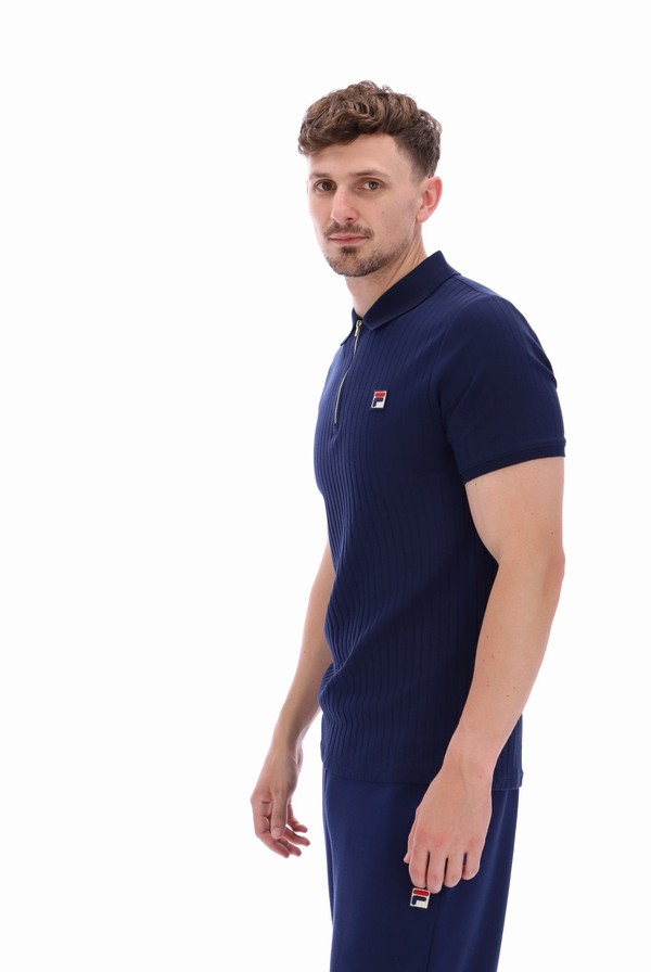 Navy Fila Rufus Textured Stripe Men Polo Shirts | 2486DOLKZ