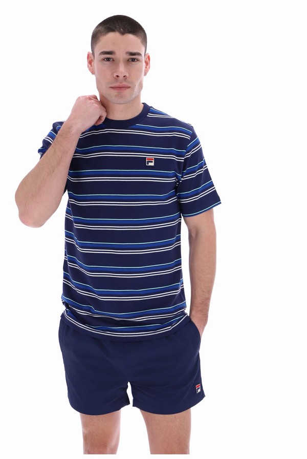 Navy Fila Stan Yarn Dye Striped Men T-shirts | 4519WDONL