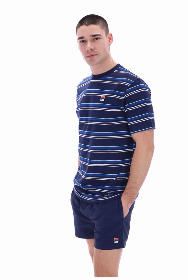 Navy Fila Stan Yarn Dye Striped Men T-shirts | 4519WDONL