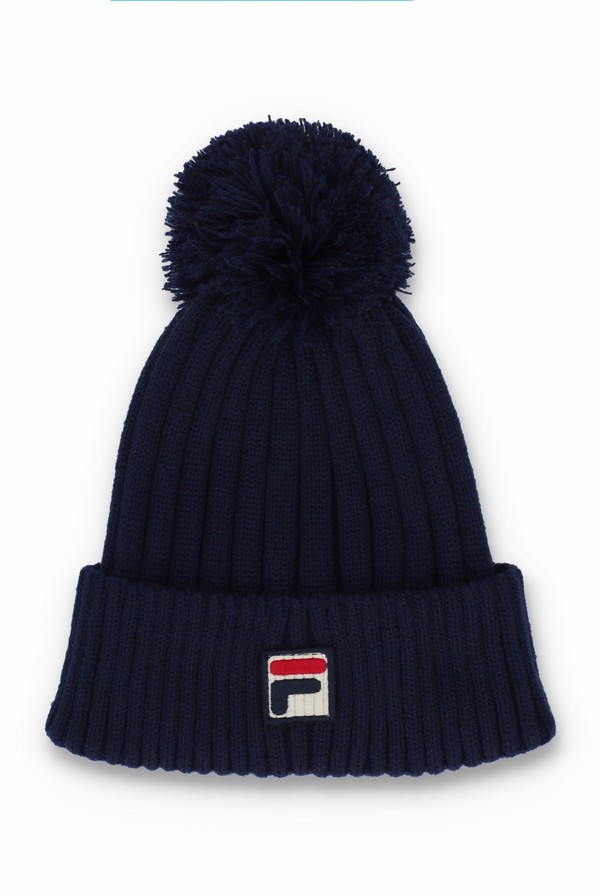 Navy Fila Teo Ribbed Turnup Pom Men Beanie | 3968HOTJL