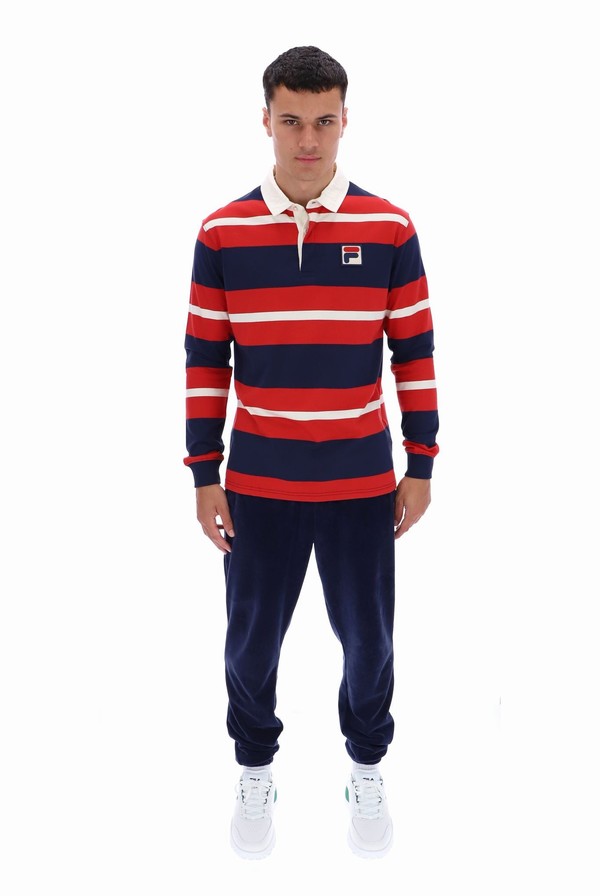 Navy / Red Fila Matteo Striped Rugby Men T-shirts | 1574CADTP