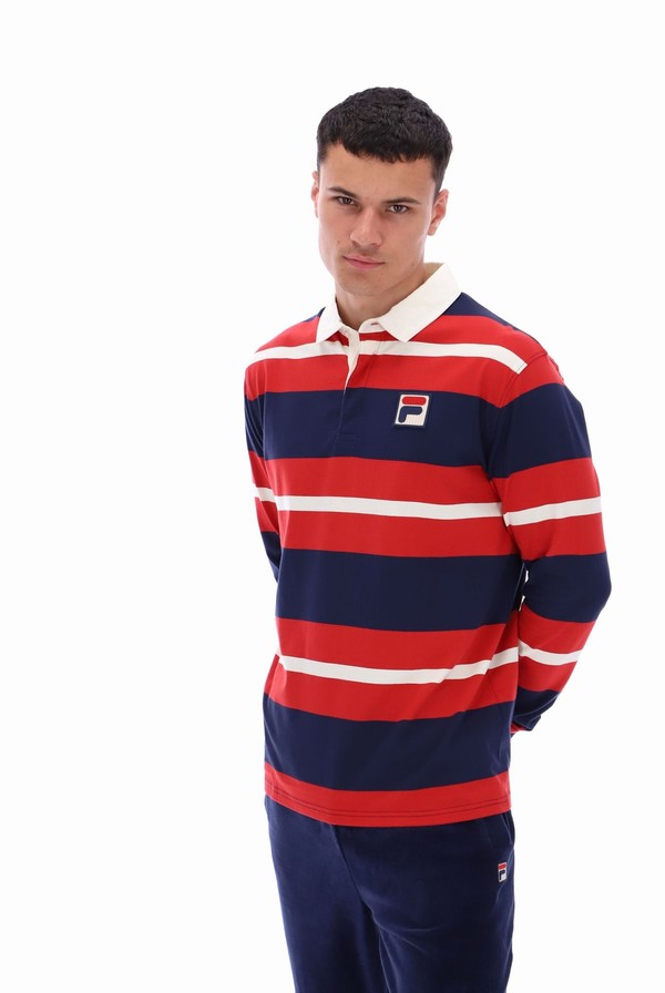 Navy / Red Fila Matteo Striped Rugby Men T-shirts | 1574CADTP