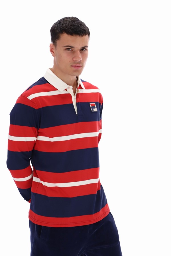 Navy / Red Fila Matteo Striped Rugby Men T-shirts | 1574CADTP