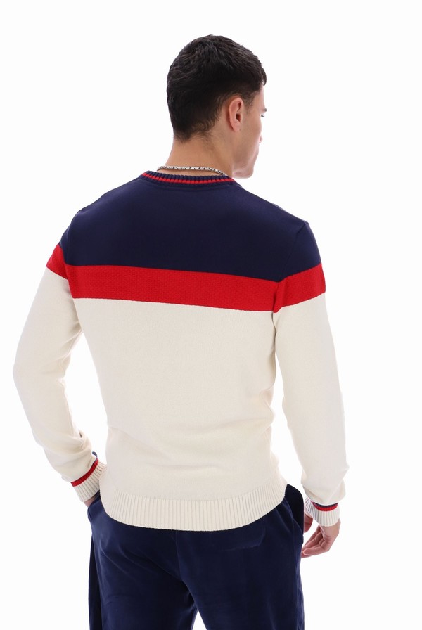 Navy / Red / White Fila Alden Textured Knitted Colour Block Men Sweatshirts | 8107BWFML