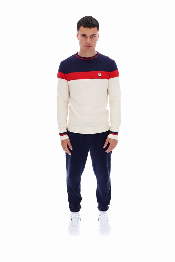 Navy / Red / White Fila Alden Textured Knitted Colour Block Men Sweatshirts | 8107BWFML