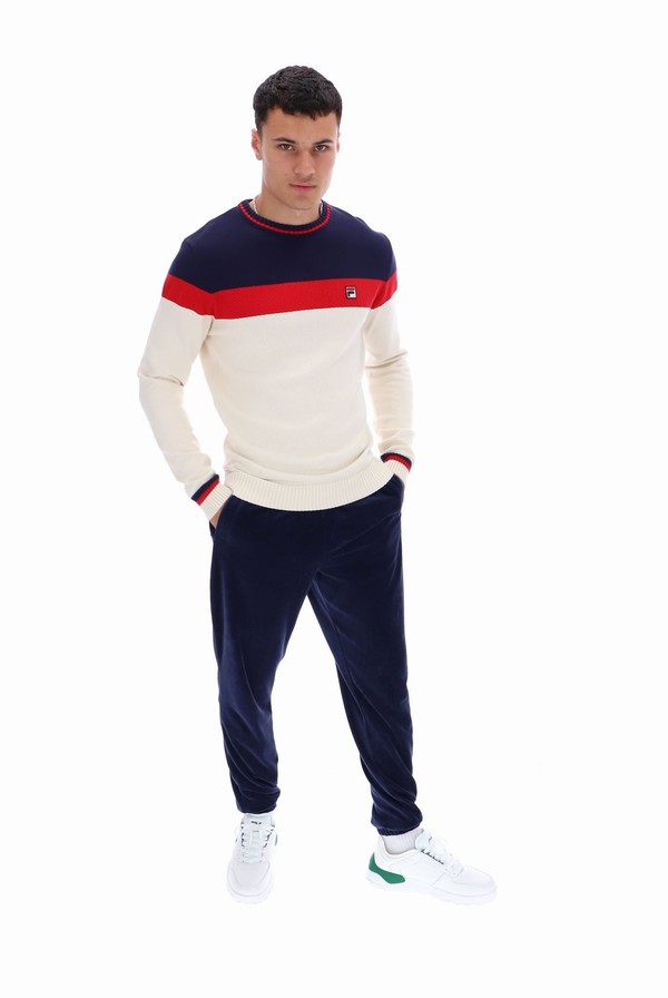 Navy / Red / White Fila Alden Textured Knitted Colour Block Men Sweatshirts | 8107BWFML