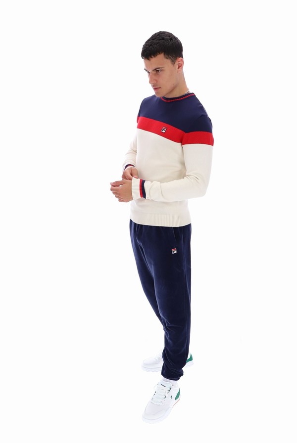 Navy / Red / White Fila Alden Textured Knitted Colour Block Men Sweatshirts | 8107BWFML