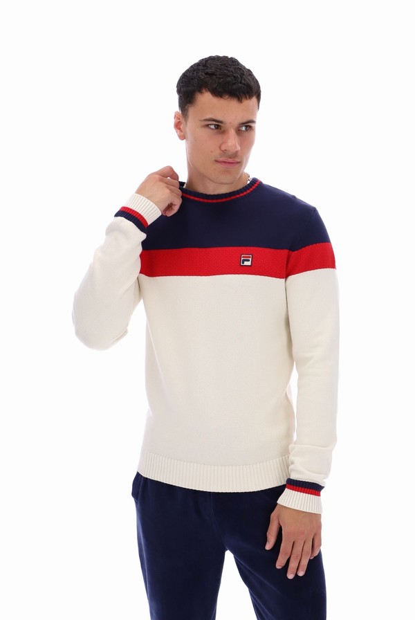 Navy / Red / White Fila Alden Textured Knitted Colour Block Men Sweatshirts | 8107BWFML