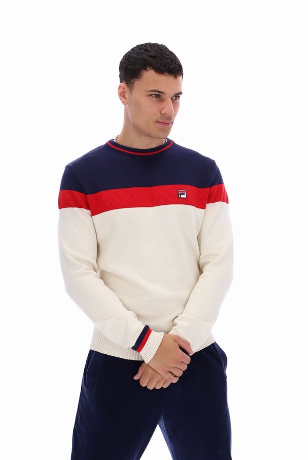 Navy / Red / White Fila Alden Textured Knitted Colour Block Men Sweatshirts | 8107BWFML