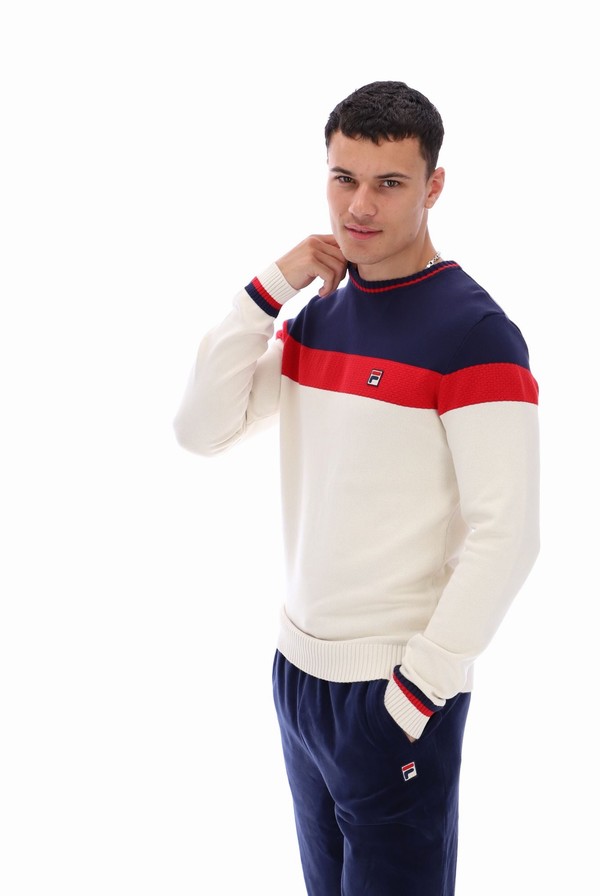 Navy / Red / White Fila Alden Textured Knitted Colour Block Men Sweatshirts | 8107BWFML