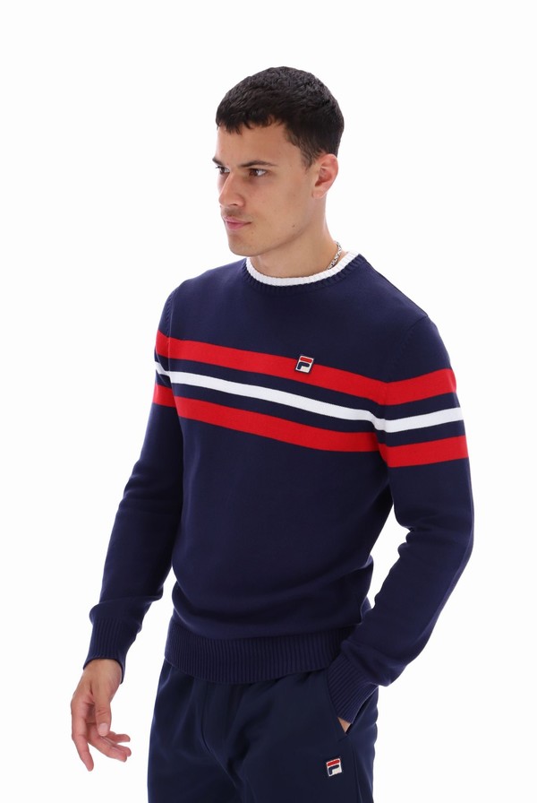 Navy / Red / White Fila Siro Knitted Crew Men Sweatshirts | 5872ZXJFP