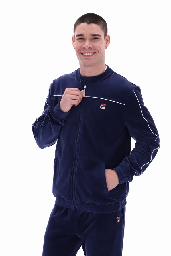 Navy / White Fila Fonzo Velour Men Track Top | 3894YGPQO