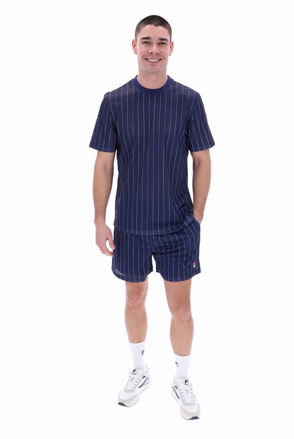 Navy / White Fila Jair Pin Stripe Mesh Men T-shirts | 3549FAYDJ