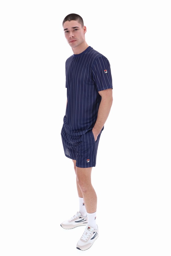 Navy / White Fila Jair Pin Stripe Mesh Men T-shirts | 3549FAYDJ