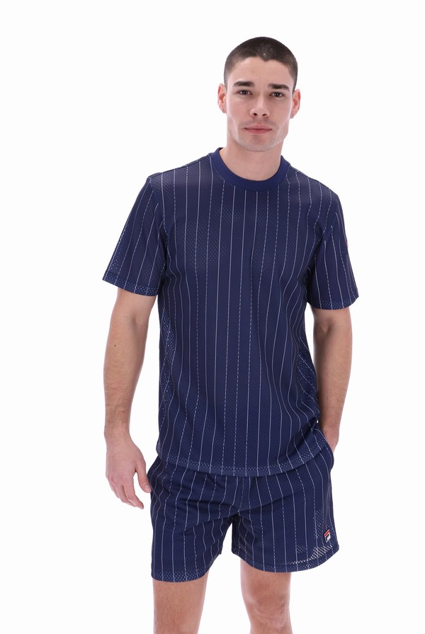 Navy / White Fila Jair Pin Stripe Mesh Men T-shirts | 3549FAYDJ