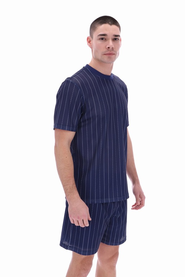 Navy / White Fila Jair Pin Stripe Mesh Men T-shirts | 3549FAYDJ