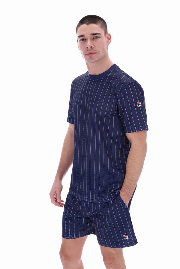 Navy / White Fila Jair Pin Stripe Mesh Men T-shirts | 3549FAYDJ