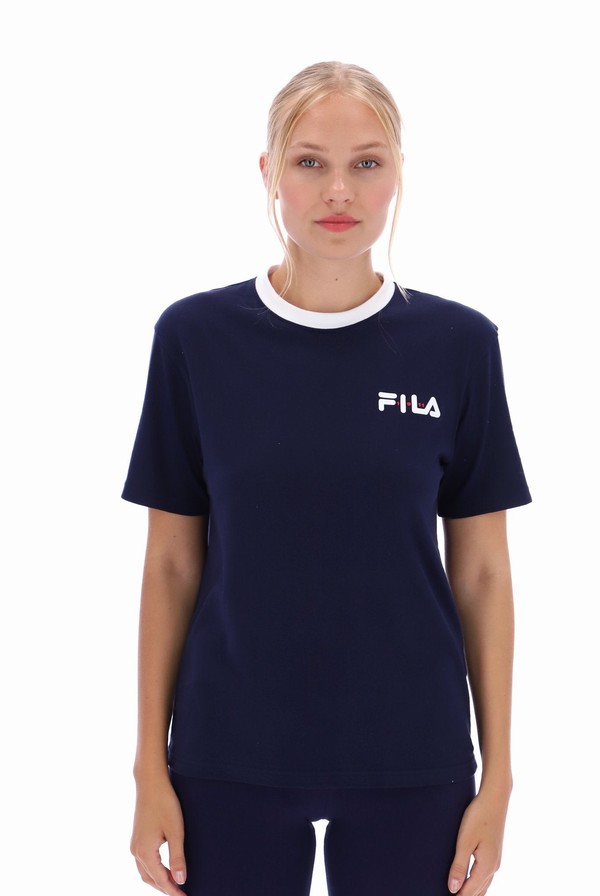 Navy / White Fila Pria Women T-shirts | 0897ICNPL