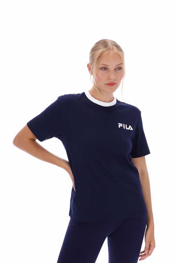 Navy / White Fila Pria Women T-shirts | 0897ICNPL