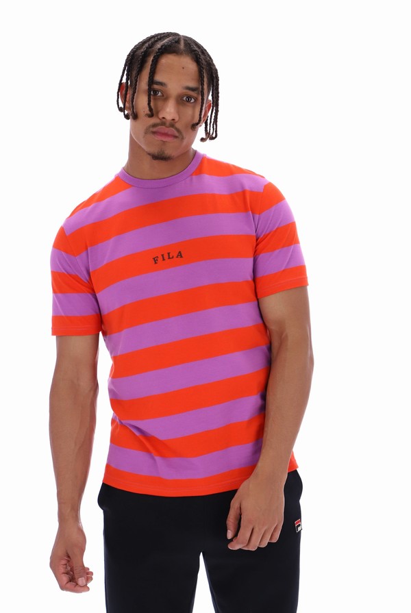 Purple Fila Barney Oversized Striped Men T-shirts | 0148QSKEO