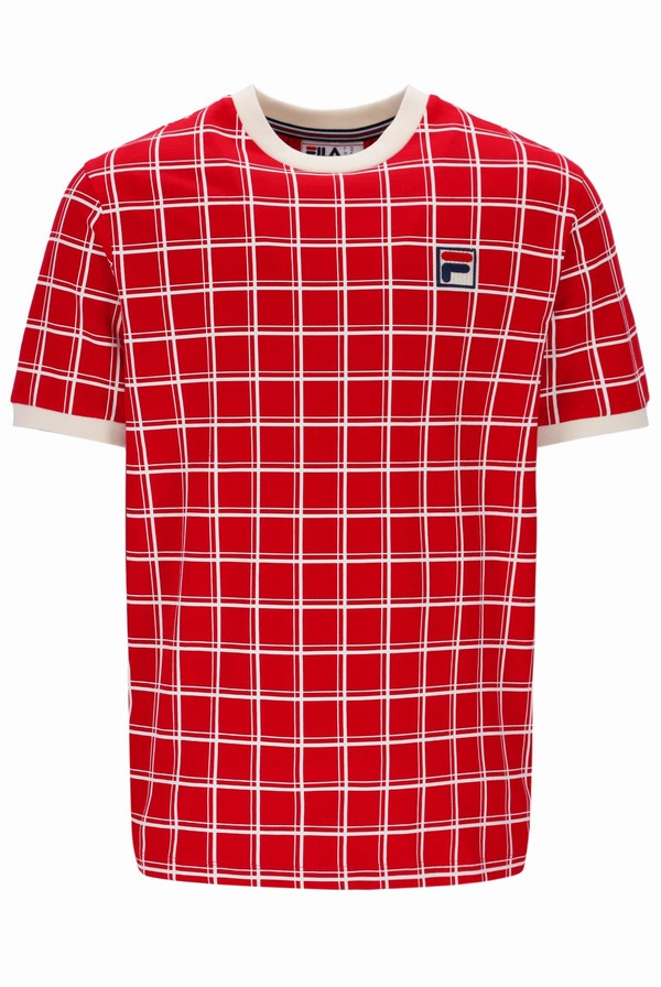 Red Fila Freddie Check Contrast Rib Men T-shirts | 3950AHLMR