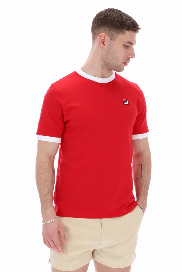 Red / White Fila Marconi Essential Ringer Men T-shirts | 5263TDUKC