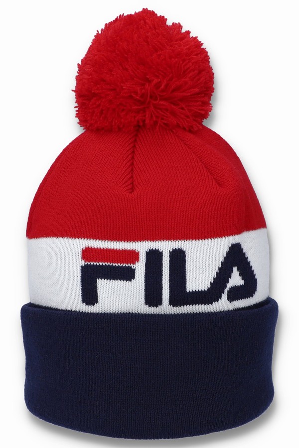 Red / White / Navy Fila Kato Jacquard Pom Women Beanie | 9487MZYIK